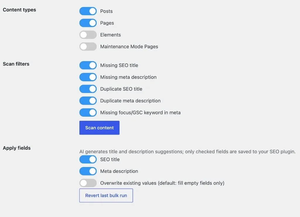 Bulk meta tool with content types and scan filters