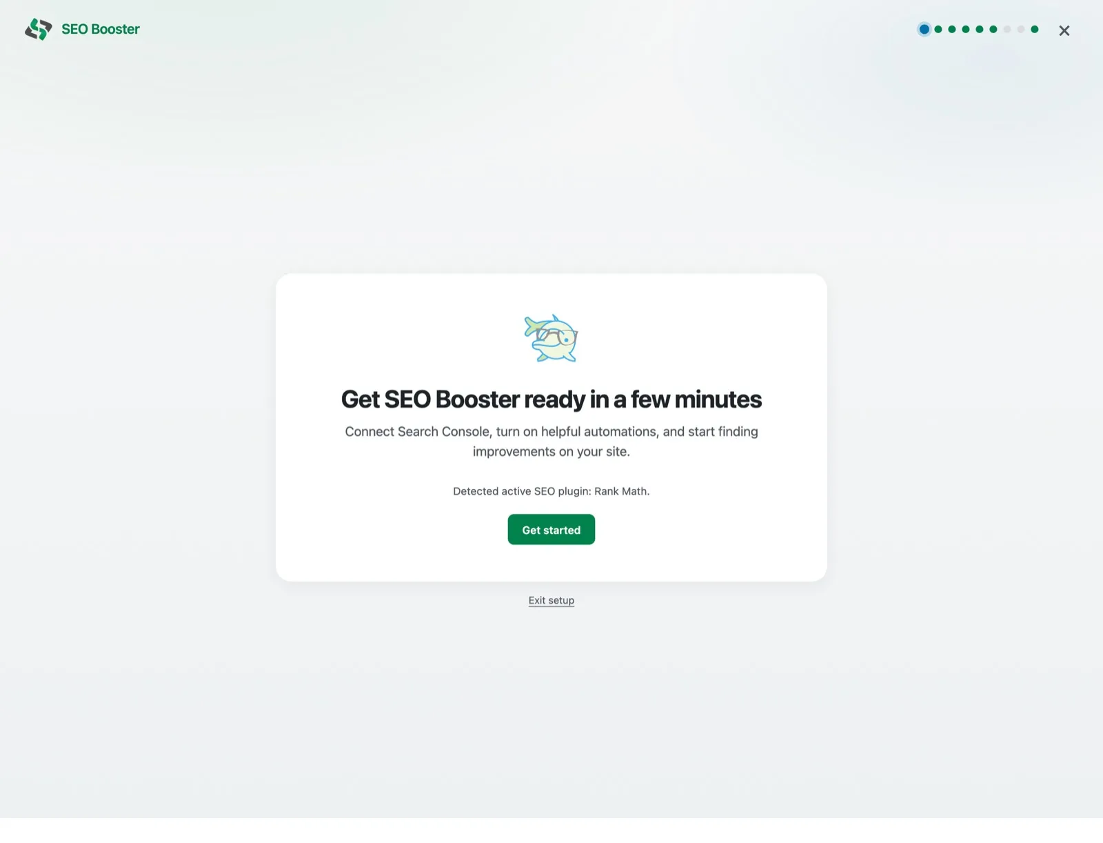 SEO Booster Setup Wizard welcome screen, get SEO Booster ready in a few minutes