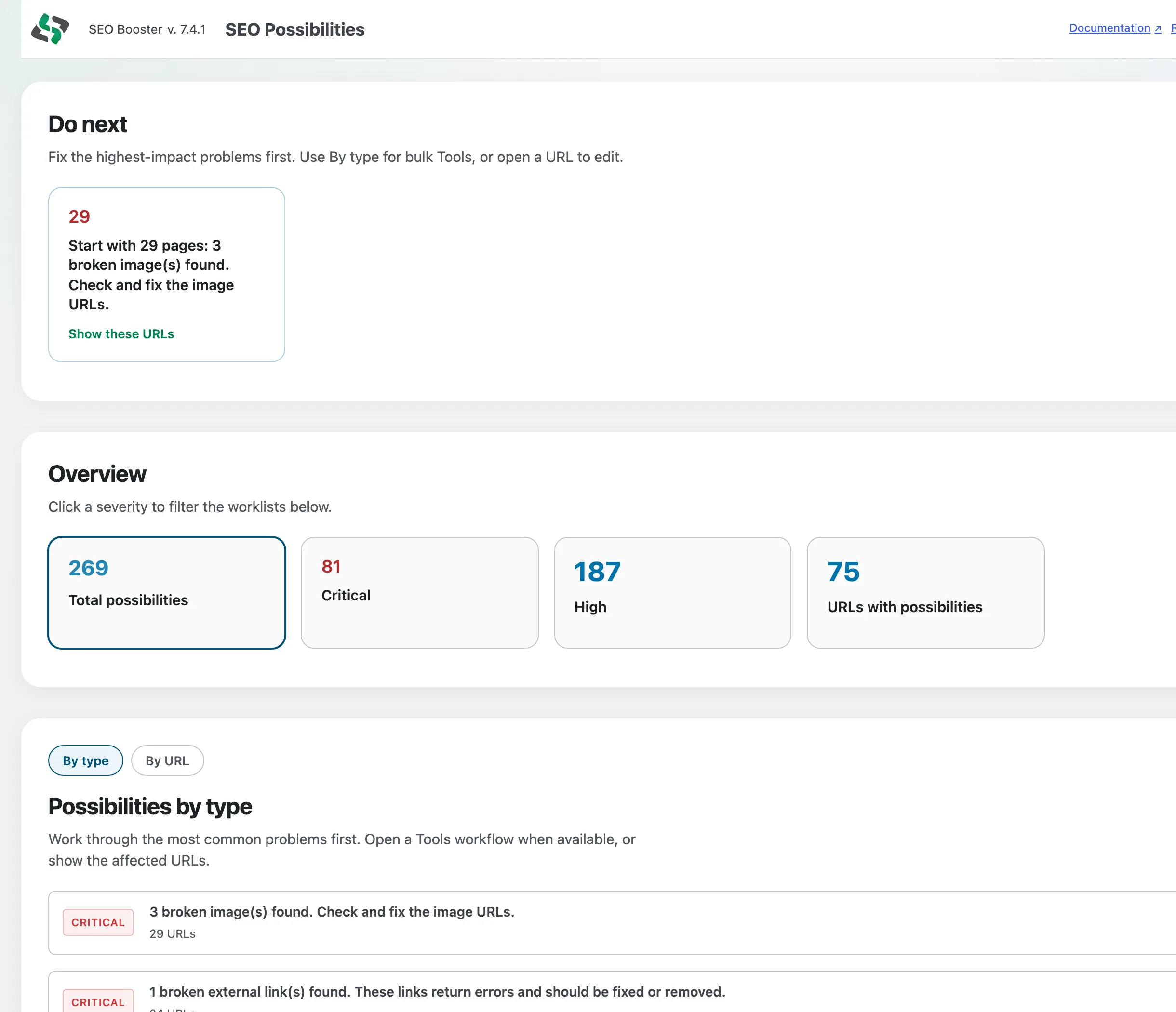 SEO Possibilities with Do next and By type worklist